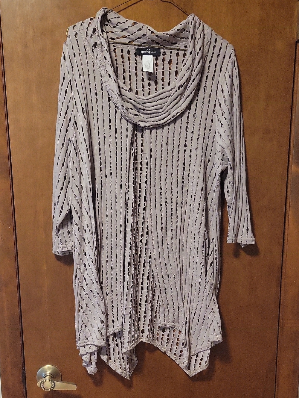 Yushi Taupe Cowl Neck Pullover Distressed Tunic Coverup XL
